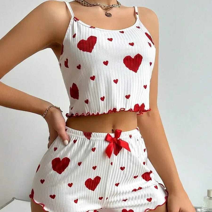 Heart Print Ruffle Pajama Set