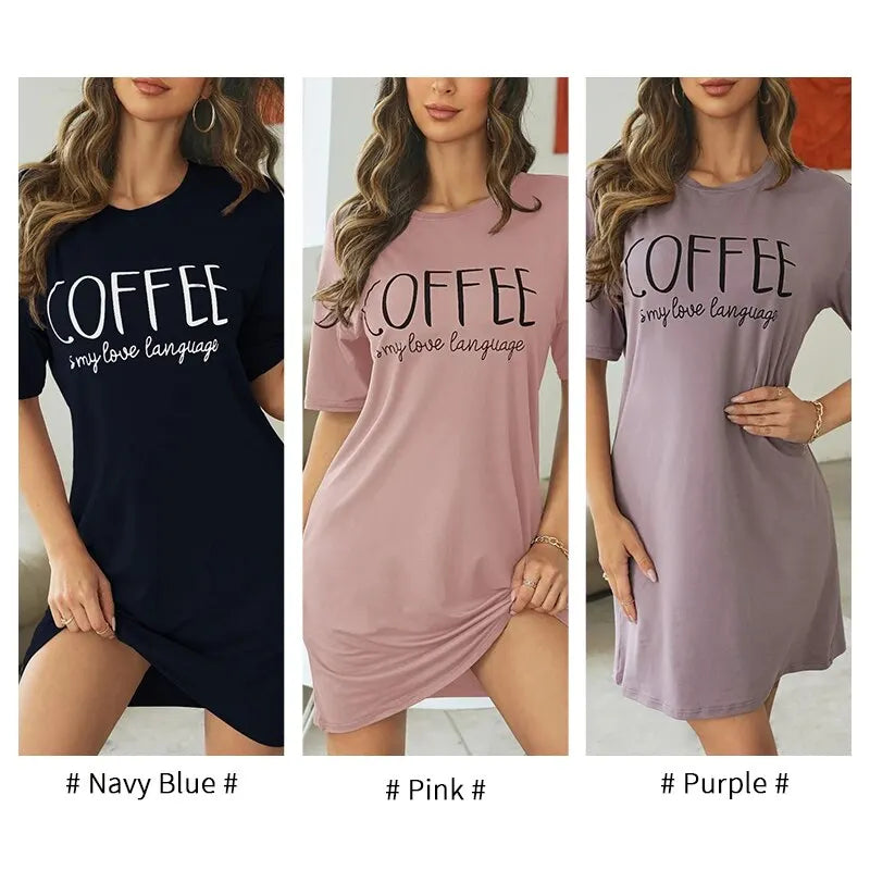 Women's "Coffee" Print Nightshirt – Ultra-Soft Short Sleeve Loungewear Dress