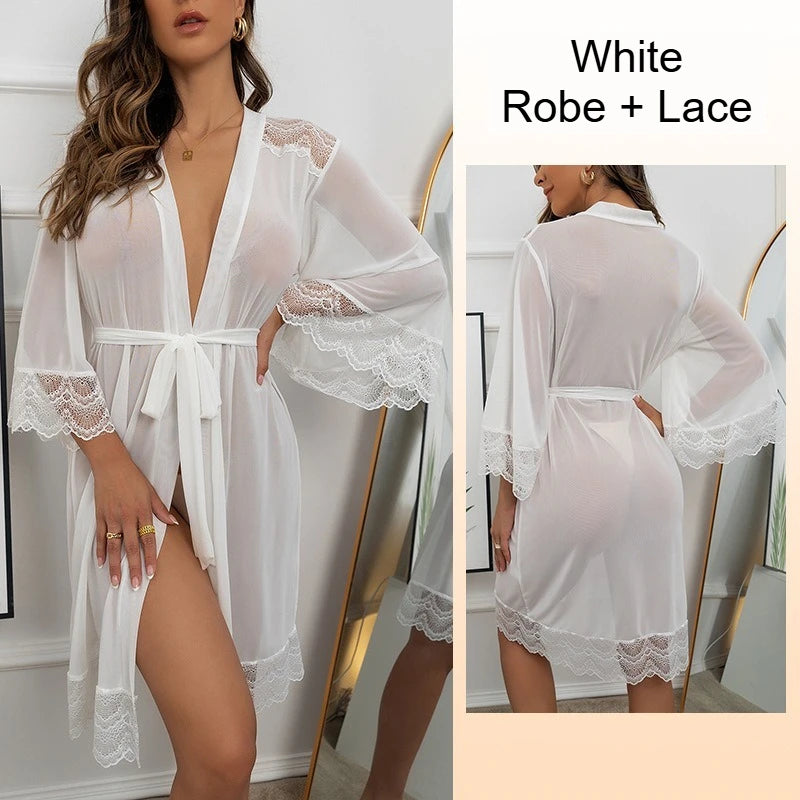 Hot Selling New Mesh Nightgown Sheer Underwear with Sexy Lace Splicing Robe for Comfortable Loungewear Sexy Red White  L Size