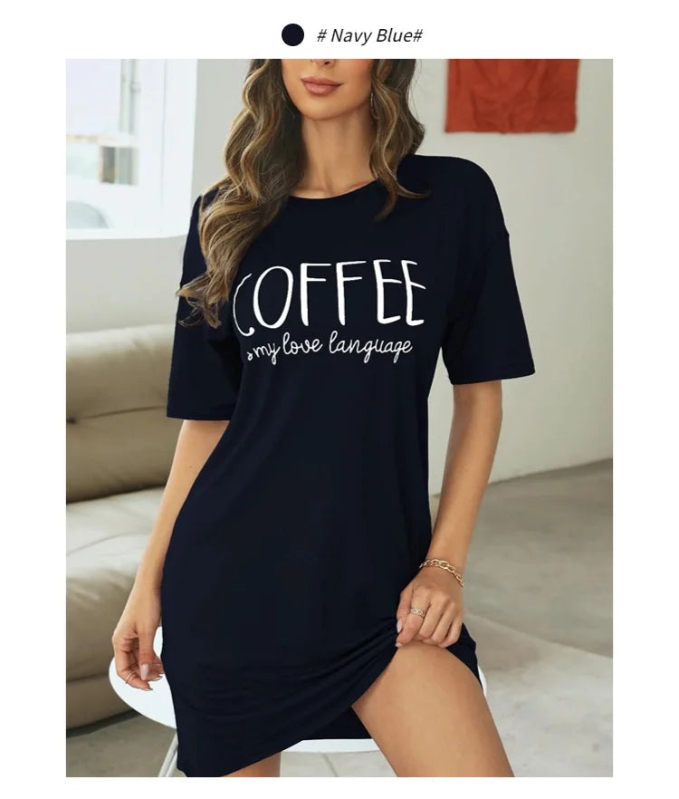 Women's "Coffee" Print Nightshirt – Ultra-Soft Short Sleeve Loungewear Dress