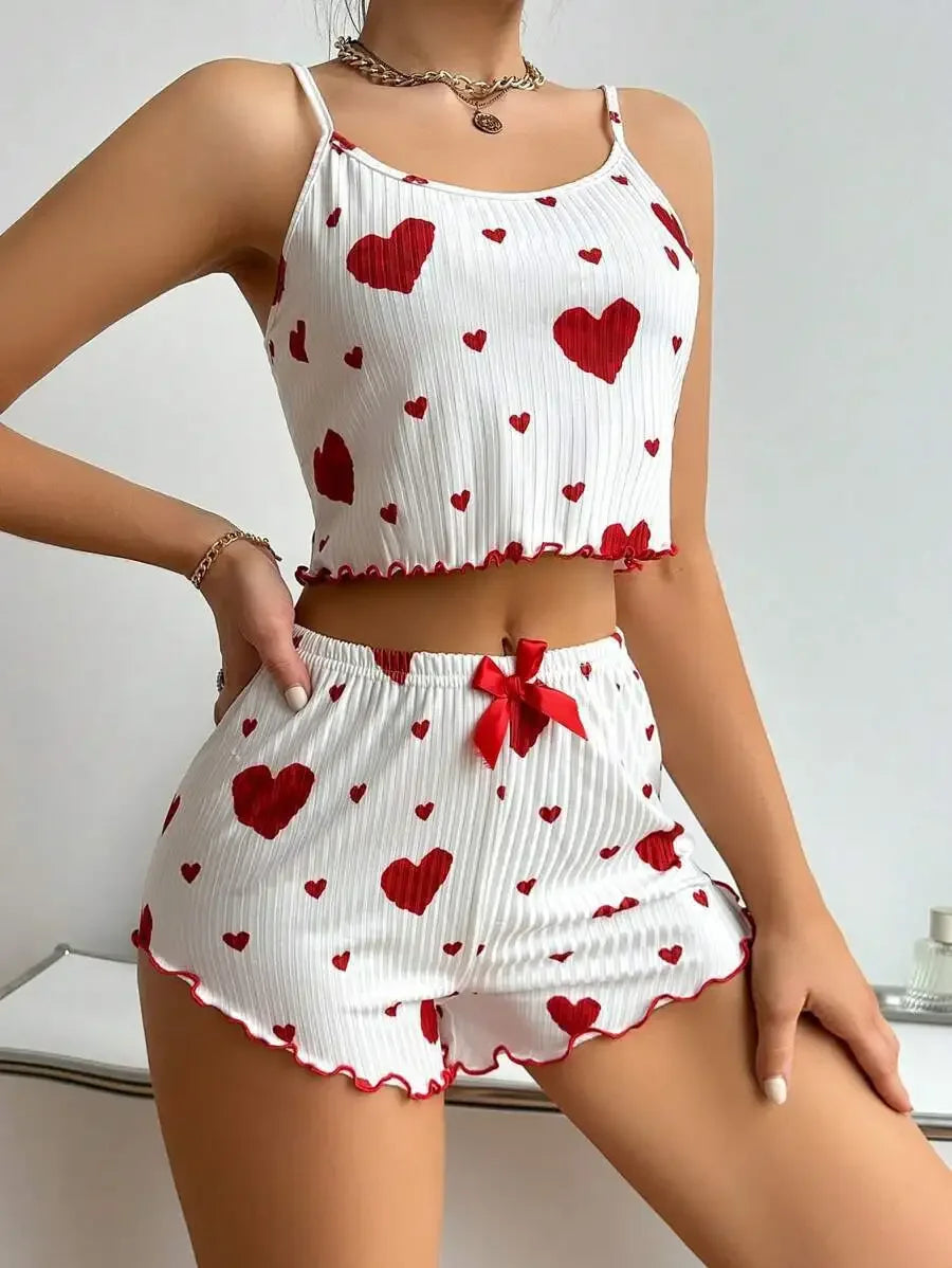 Heart Print Ruffle Pajama Set