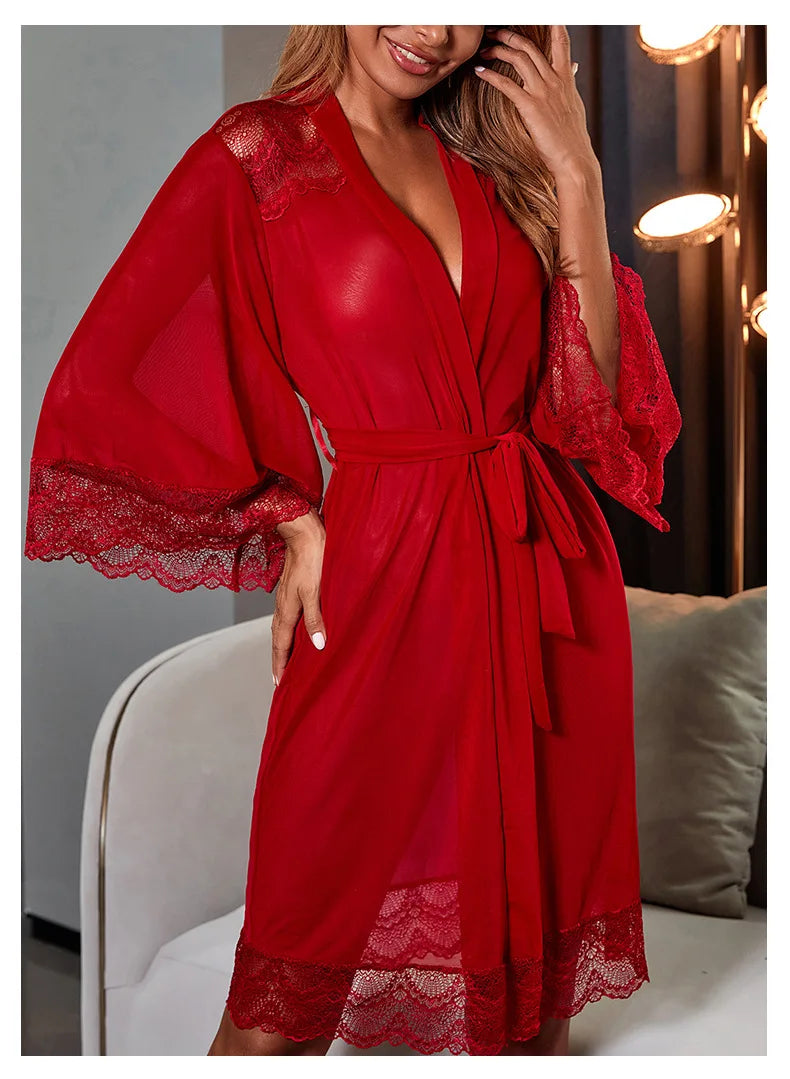 Hot Selling New Mesh Nightgown Sheer Underwear with Sexy Lace Splicing Robe for Comfortable Loungewear Sexy Red White  L Size