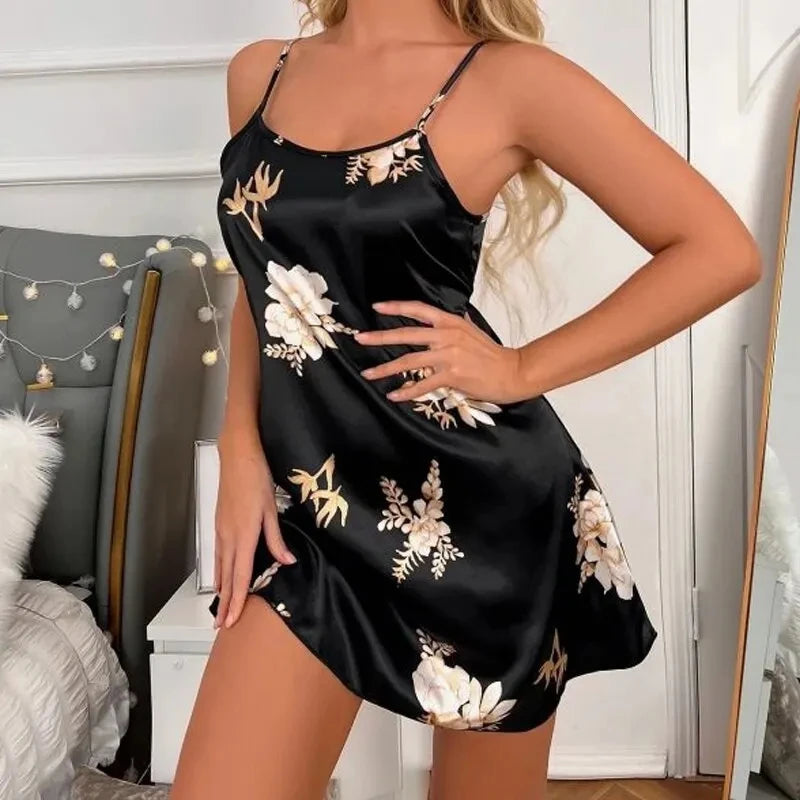 Elegant Floral Print Satin Nightgown