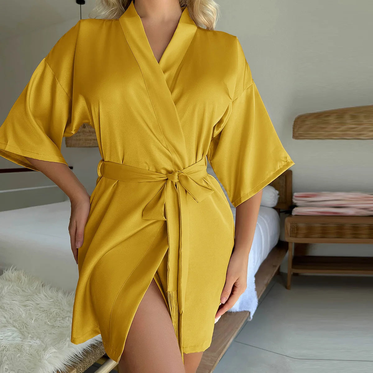 Women's Satin Robe Valentines Lingerie For Women Kimono Bathrobe Short Ruffle Belted Robes Bridesmaids Sleepwear