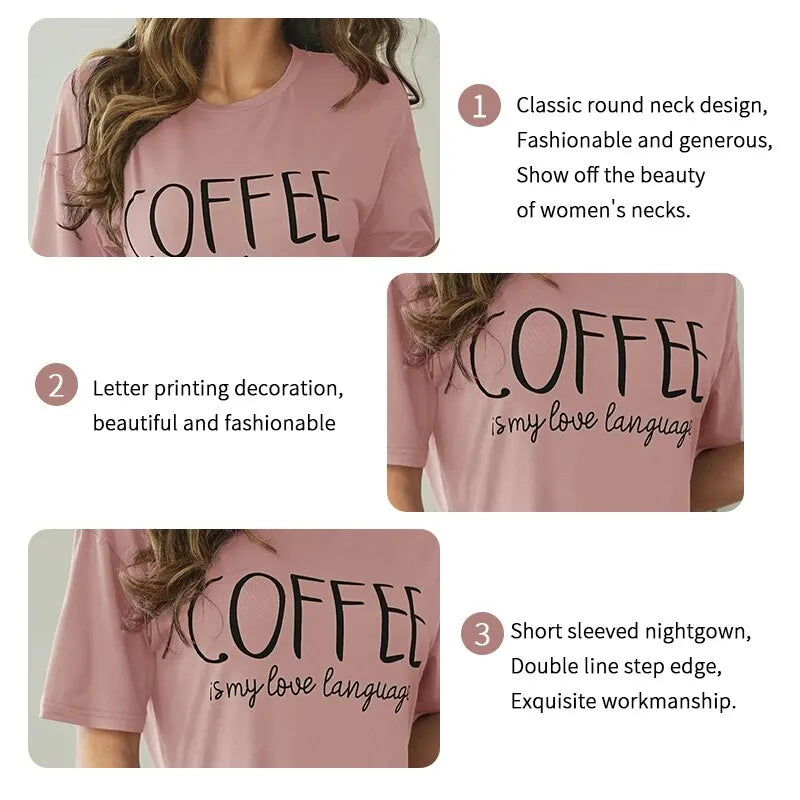 Women's "Coffee" Print Nightshirt – Ultra-Soft Short Sleeve Loungewear Dress