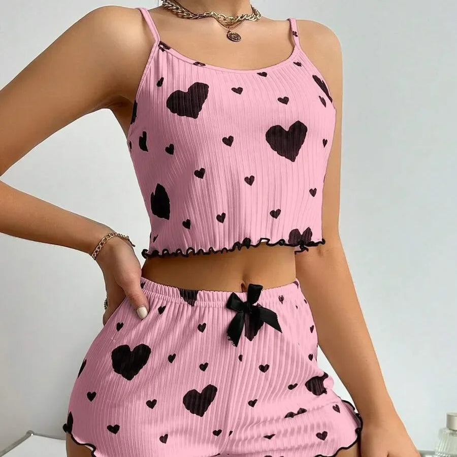 Heart Print Ruffle Pajama Set