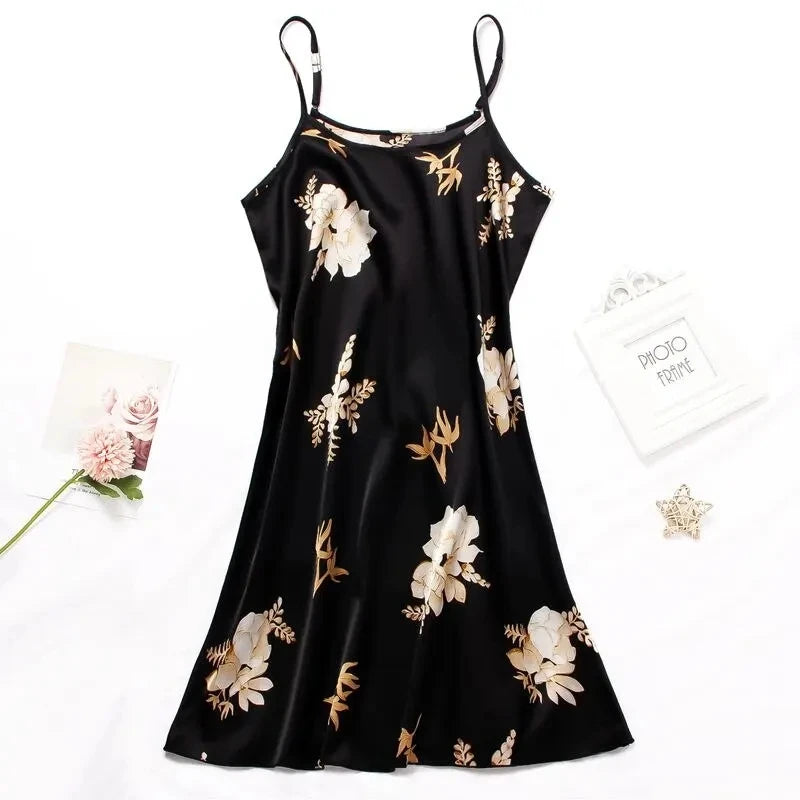 Elegant Floral Print Satin Nightgown
