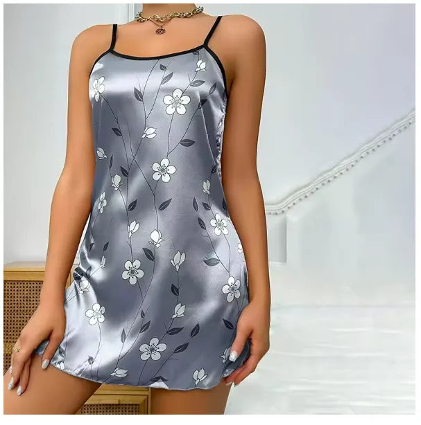 Elegant Floral Print Satin Nightgown