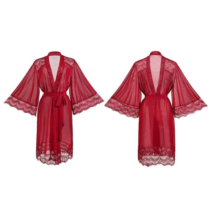Hot Selling New Mesh Nightgown Sheer Underwear with Sexy Lace Splicing Robe for Comfortable Loungewear Sexy Red White  L Size