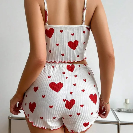 Heart Print Ruffle Pajama Set