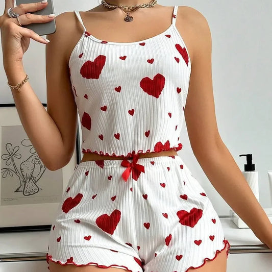 Heart Print Ruffle Pajama Set