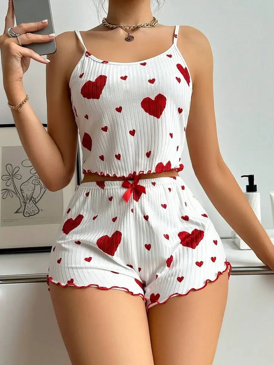 Heart Print Ruffle Pajama Set