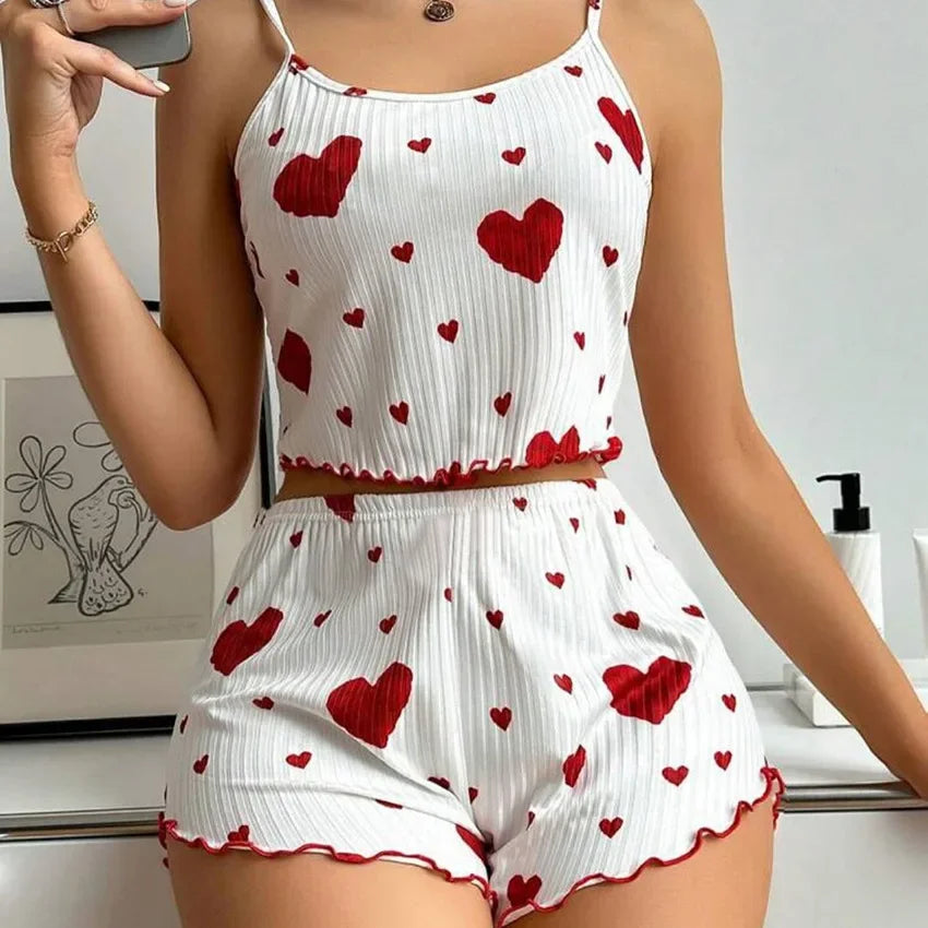 Heart Print Ruffle Pajama Set