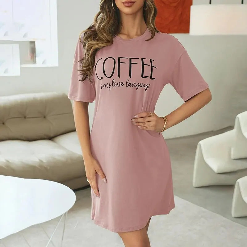 Women's "Coffee" Print Nightshirt – Ultra-Soft Short Sleeve Loungewear Dress