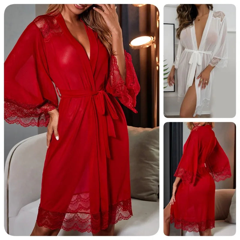 Hot Selling New Mesh Nightgown Sheer Underwear with Sexy Lace Splicing Robe for Comfortable Loungewear Sexy Red White  L Size