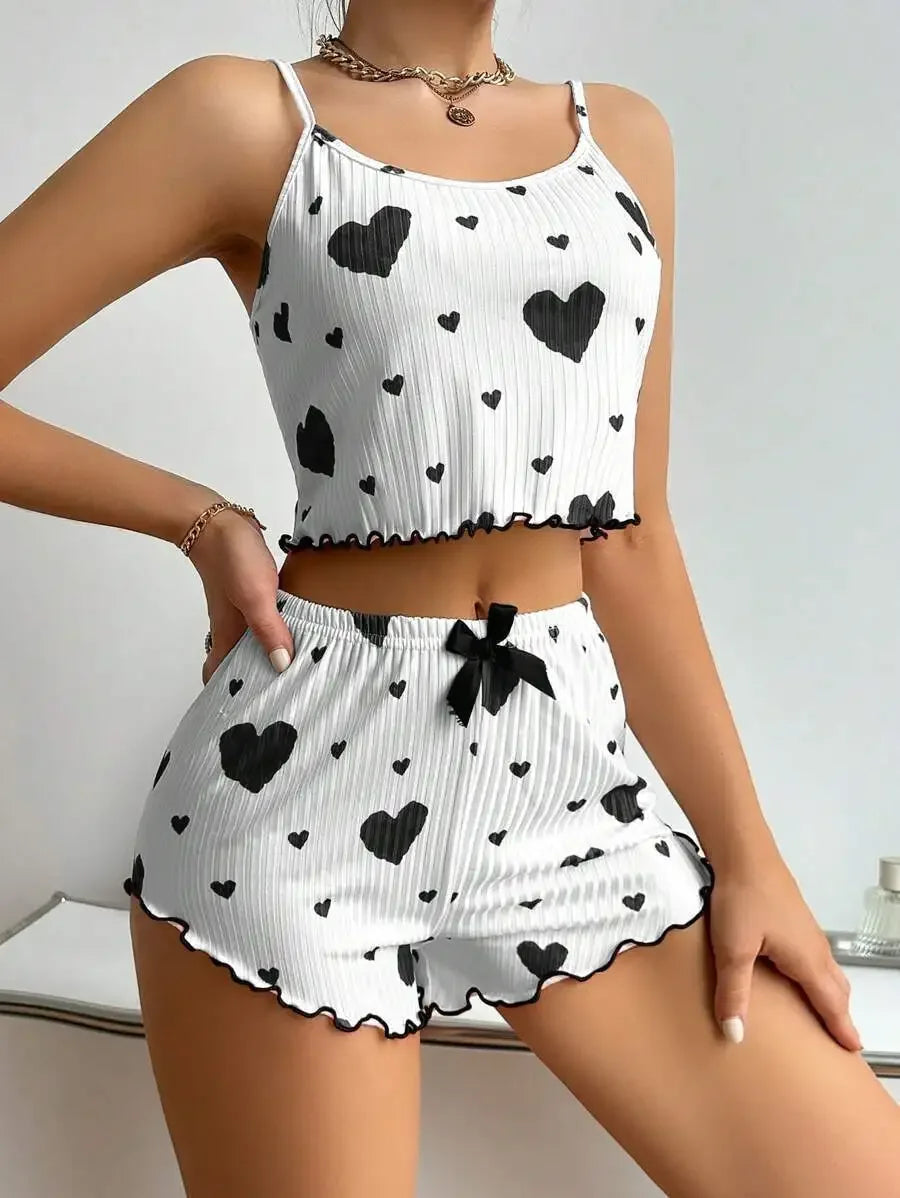 Heart Print Ruffle Pajama Set